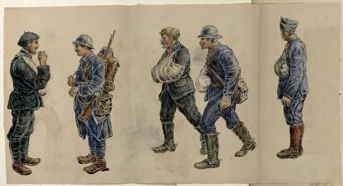 Croquis d'André Mazeyrie représentant des poilus de la Première Guerre mondiale, certains bléssés