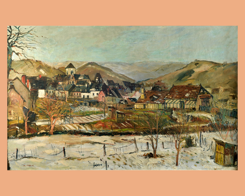 Tableau vue d'Argentat au loin sous la neige