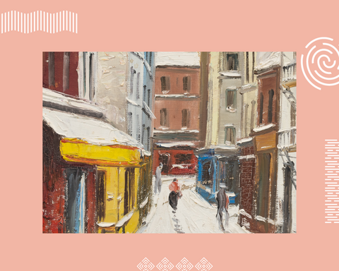 Détail d'un tableau de Féola, paysage de Montmartre sous la neige