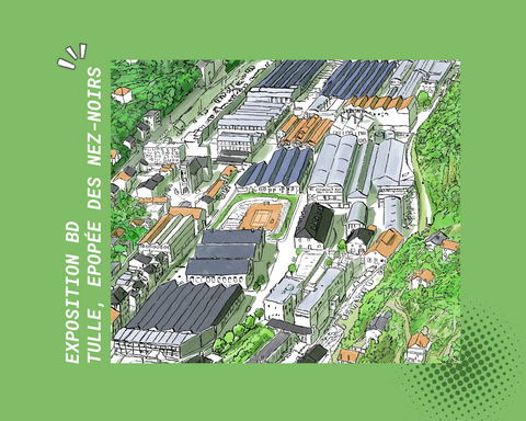 Détail d'une planche de bd présentant le site de la manufacture d'armes de Tulle en vue aérienne