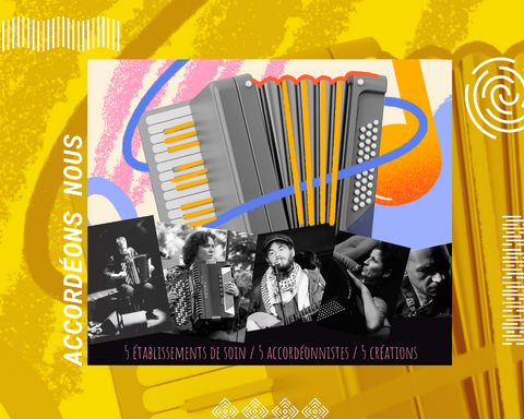 Composition graphique mêlant accordéon chromatique photo noir et blanc de musiciens