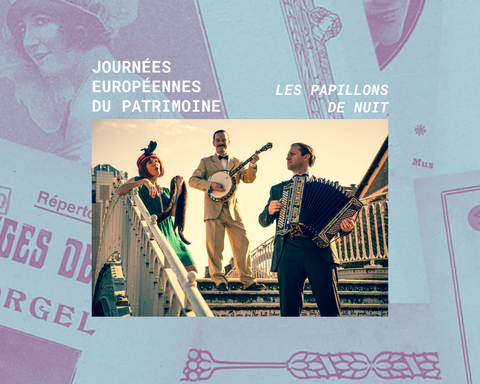 Une chanteuse, un joueur de banjo et un accordéonistes vêtus à la mode des années 1920